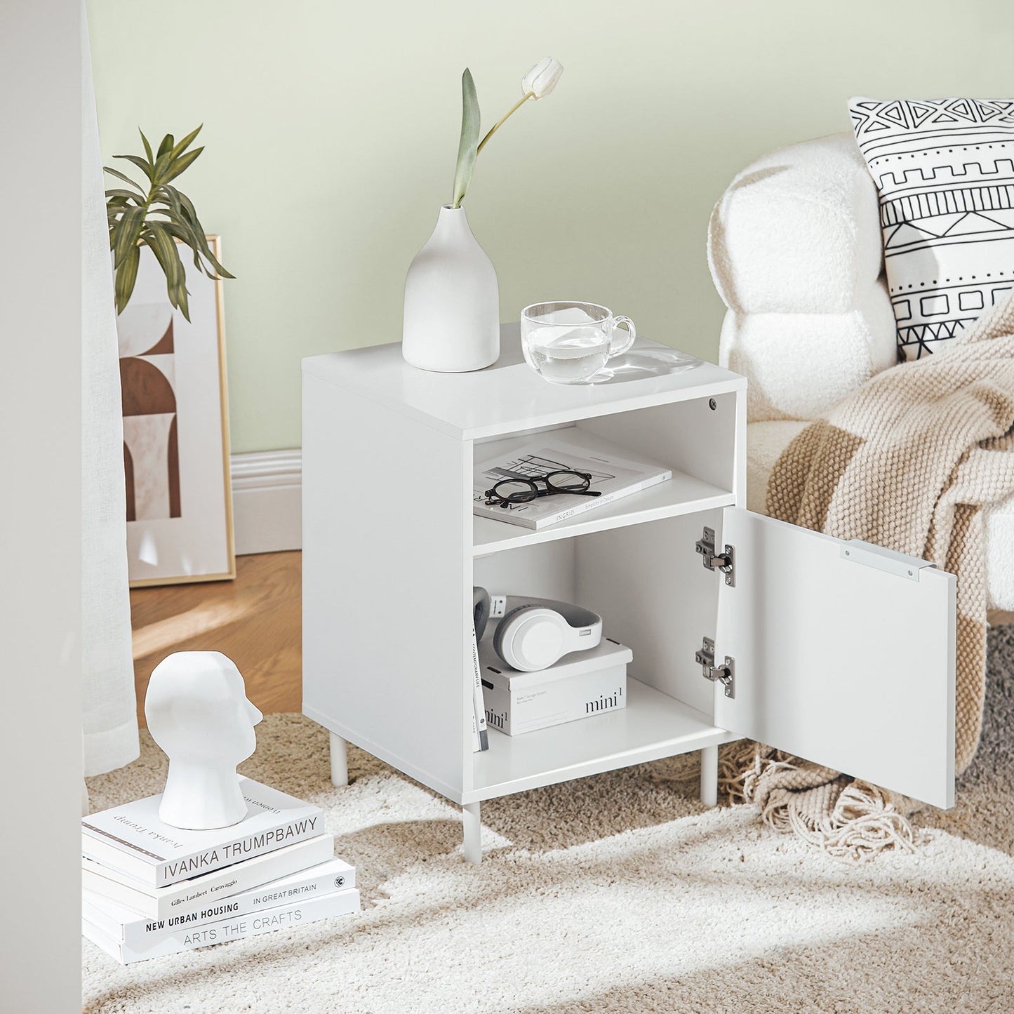 SoBuy Sideboard FBT124-W - Avec porte et compartiment ouvert - 40 x 35 x 57 cm - Blanc