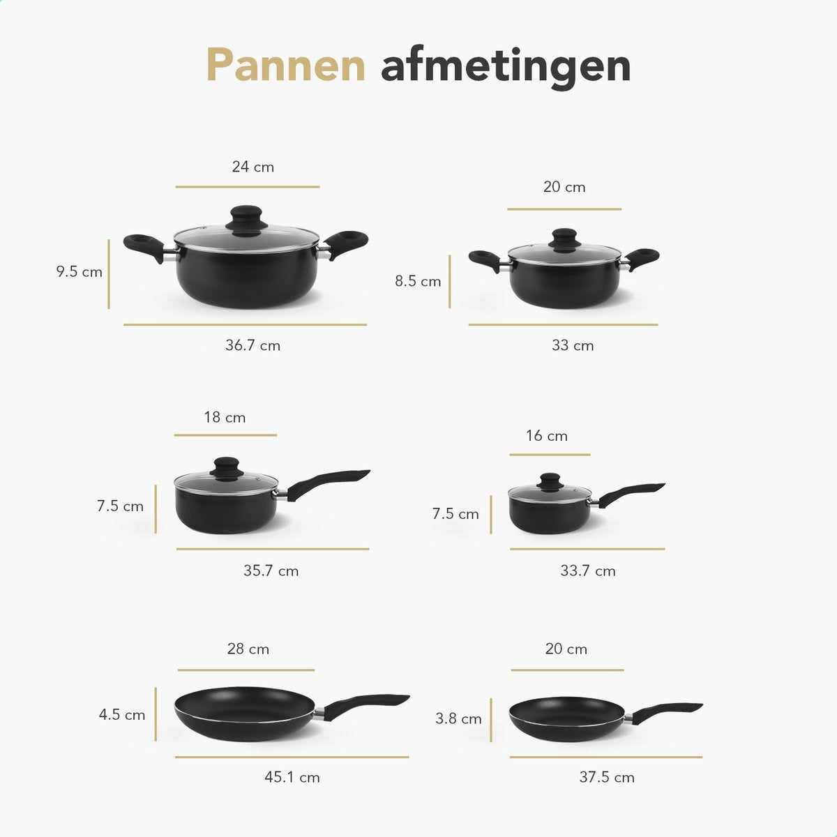 Rochester 18-piece Pots Set with Lids - Cooking Pots - Frying Pans Steal Pans - Aluminium - Black