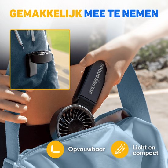 Vulpes Goods® Tech - Hand Fan PRO 3in1 - Rechargeable et portable - Mini ventilateur USB sans fil - Ventilateur de cou - Moteur puissant - 4000 mAh - 5 vitesses - Design pliable - Jusqu'à 14 heures de refroidissement - Cordon de transport inclus