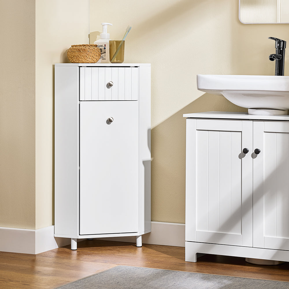 SoBuy BZR194-W Meuble de salle de bain d'angle blanc - Meuble de rangement étroit avec tiroir et porte - 44x31x80 cm