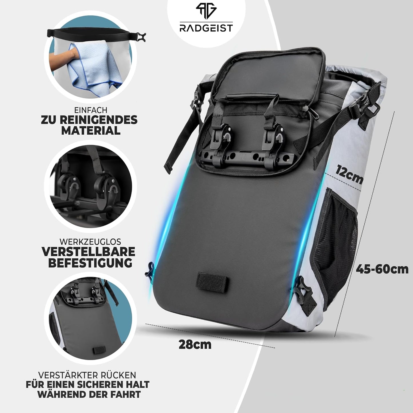 RADGEIST sacoche vélo pour porte-bagages I sacoche vélo & sac à dos I sacoche vélo 100% étanche (réfléchissant)