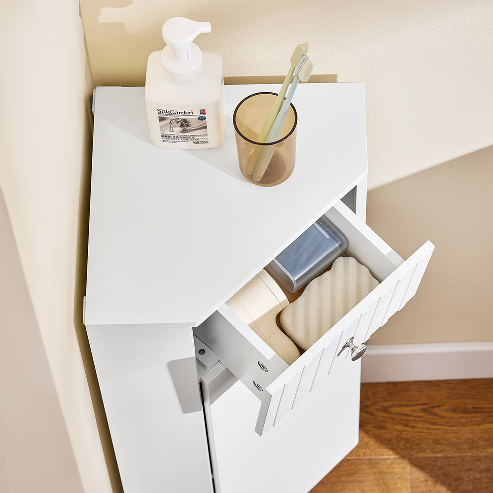 SoBuy BZR194-W Meuble de salle de bain d'angle blanc - Meuble de rangement étroit avec tiroir et porte - 44x31x80 cm