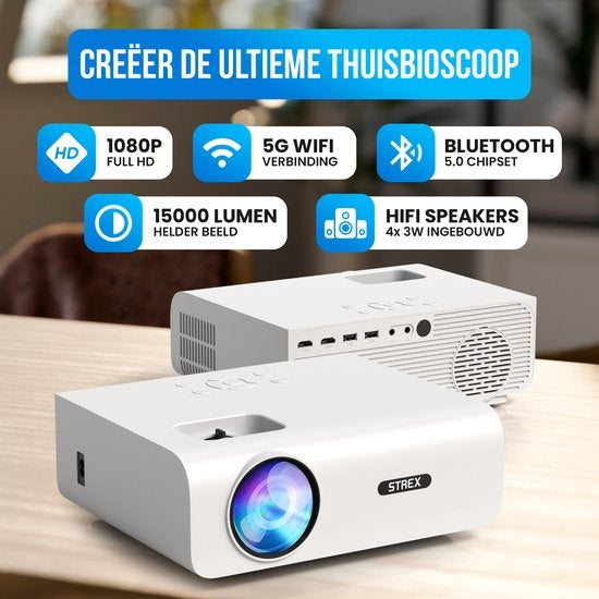 Strex Beamer - 1080P Full HD - 15000 Lumen - Streaming sans fil - Sacoche/écran de projection inclus - WiFi - Bluetooth - Mini Beamer - Projecteur