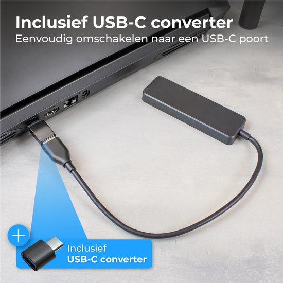Nuvance - Hub USB 3.0 - 4 ports - Inclut un convertisseur USB C - Répartiteur USB - Noir