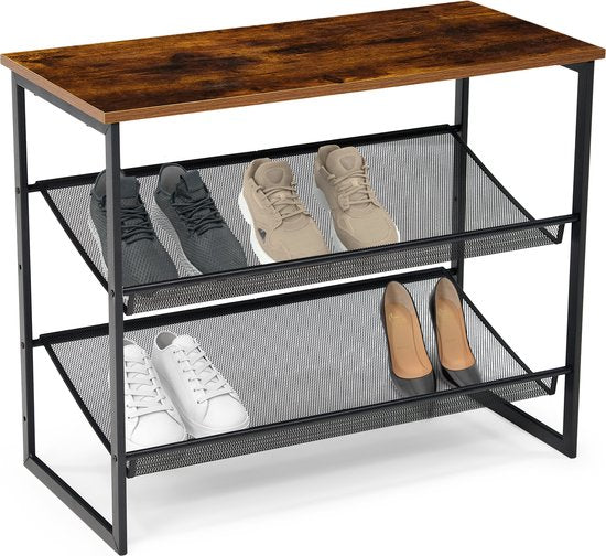 Brixy Shoe Rack - Industriel - Bois - Métal - 64x30x52cm - Vintage - Meuble à chaussures - Marron/Noir
