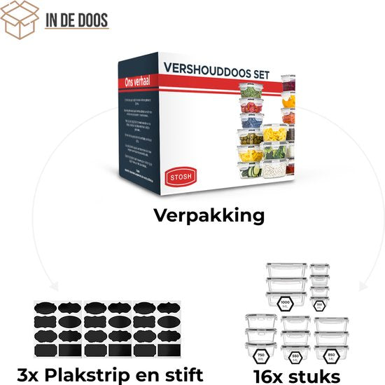 Set de 16 boîtes de conservation - Stosh® – 5 tailles – Hermétiques & étanches – Plastique sans BPA – Compatible congélateur, micro-ondes et lave-vaisselle