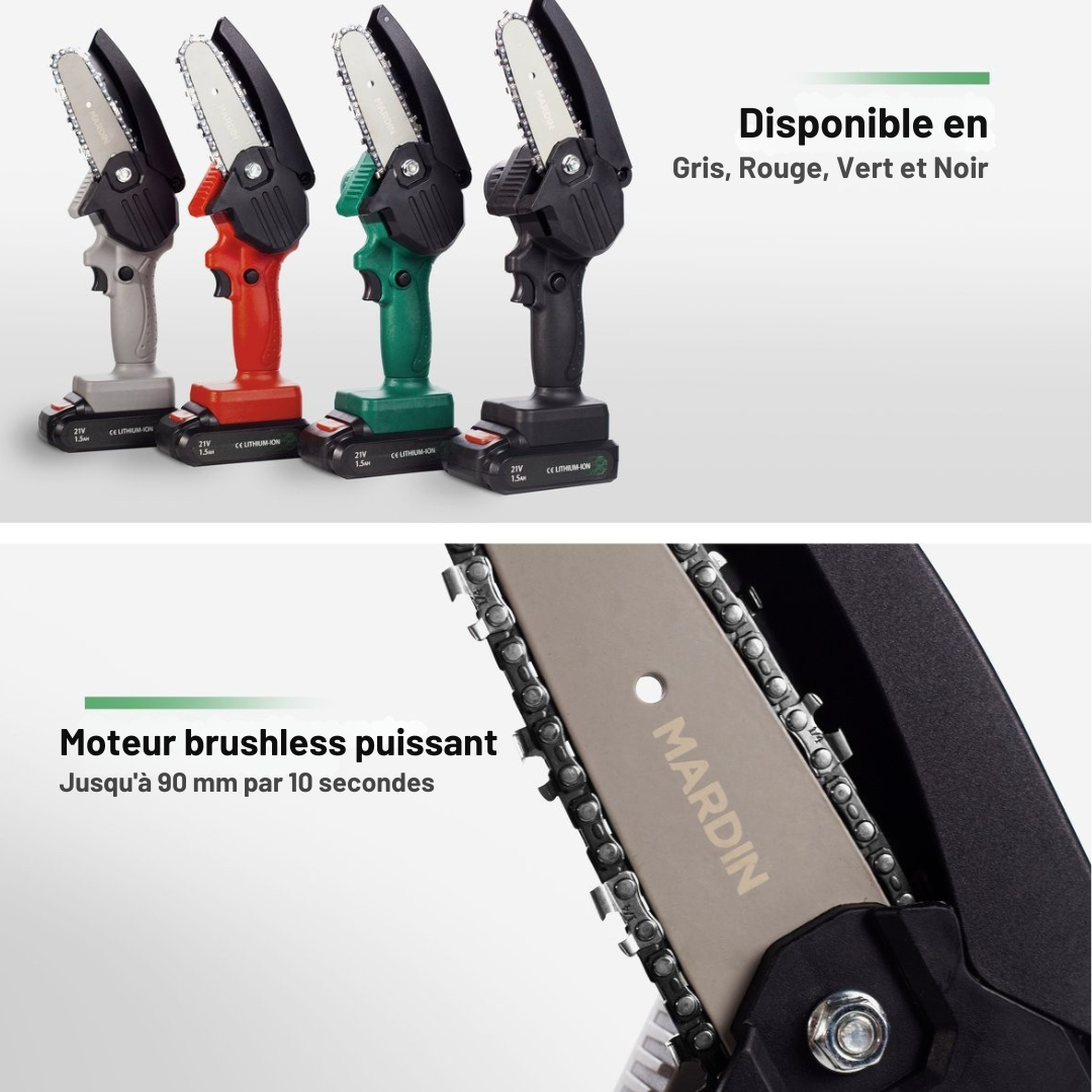 Mini tronçonneuse Mardin - Scie d'élagage - 2 Batteries - Mallette incluse - Gris
