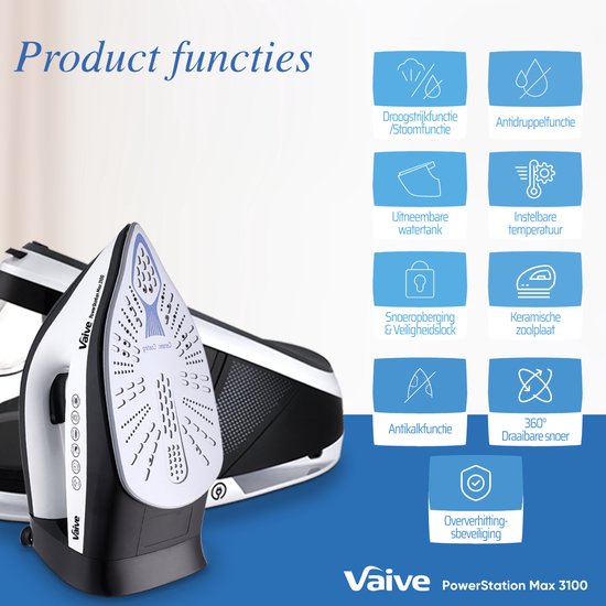 VAIVE PowerStation Max 3100 Fer à vapeur avec générateur de vapeur - Fer à repasser - Fers à vapeur - 3100W - Réservoir d'eau de 1,5 L