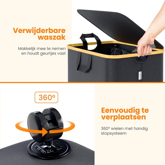 Posity Panier à linge sur roues - 100 litres - pliable - Panier à linge en tissu - Panier à linge - Avec couvercle et poignées - Bambou - Sac à linge inclus - Noir