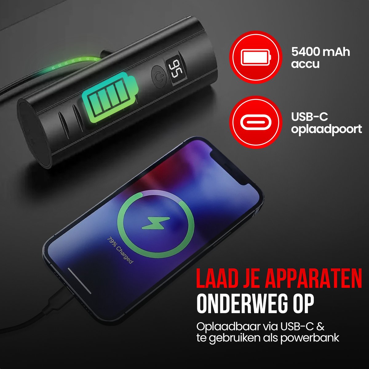 Strex Bicycle Light Set - LED 1600 Lumen Front and Rear Light - USB Rechargeable - Waterproof - Includes Powerbank function