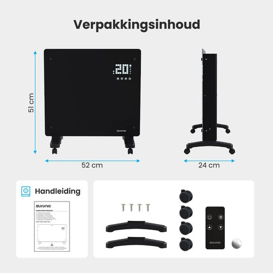 Auronic Electric Heater - Convector Heater with Thermostat and Remote Control - Glass Panel Heater - 1000W Heater - Black