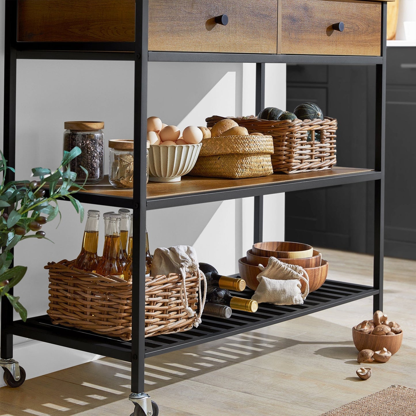 SoBuy Chariot de cuisine sur roulettes avec 2 tiroirs et 2 étagères - 100x45x93 cm - Max. 60KG - Couleur bois foncé