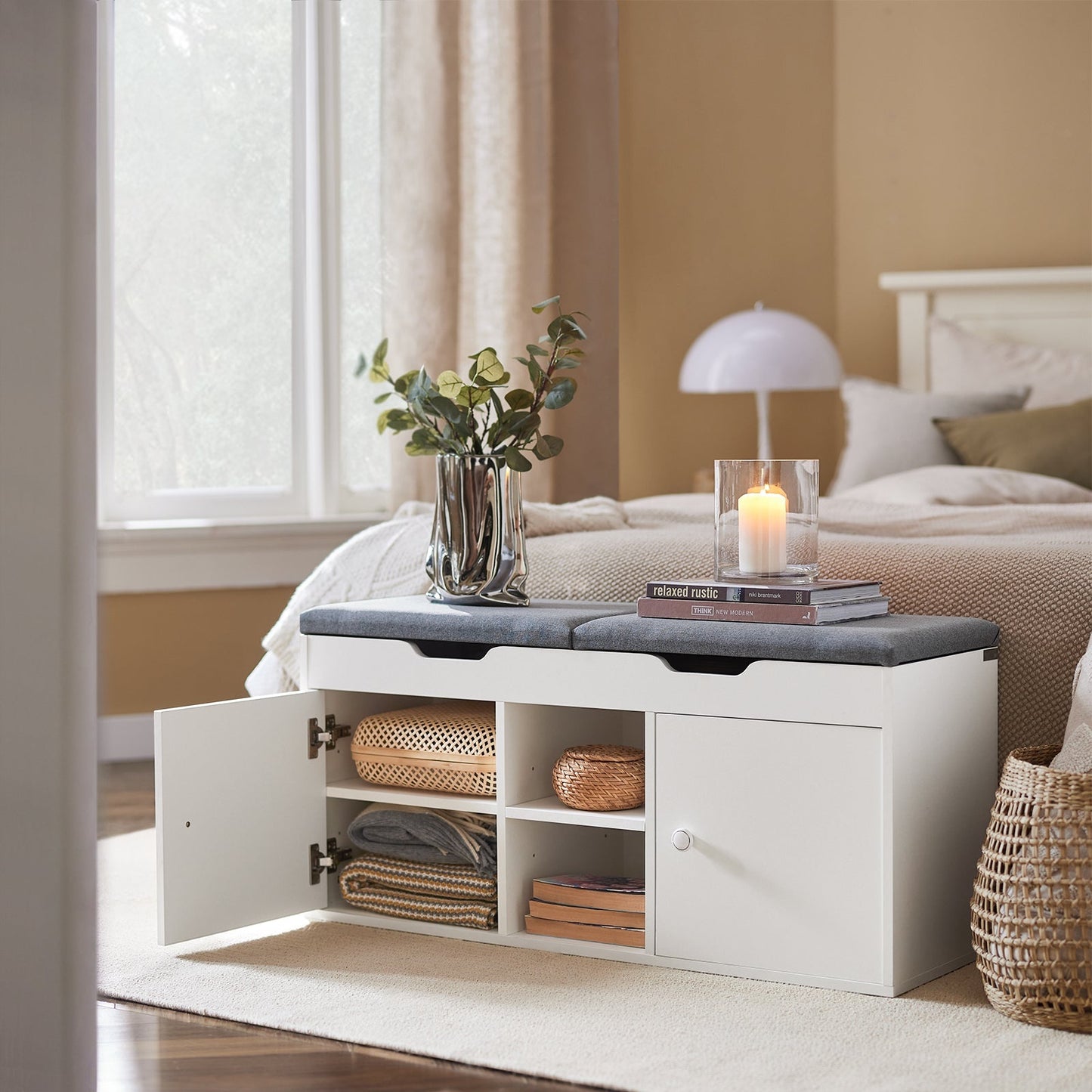 Banc SoBuy, Banc à chaussures avec 2 armoires, 100 x 34 x 48 cm, Blanc/ Gris