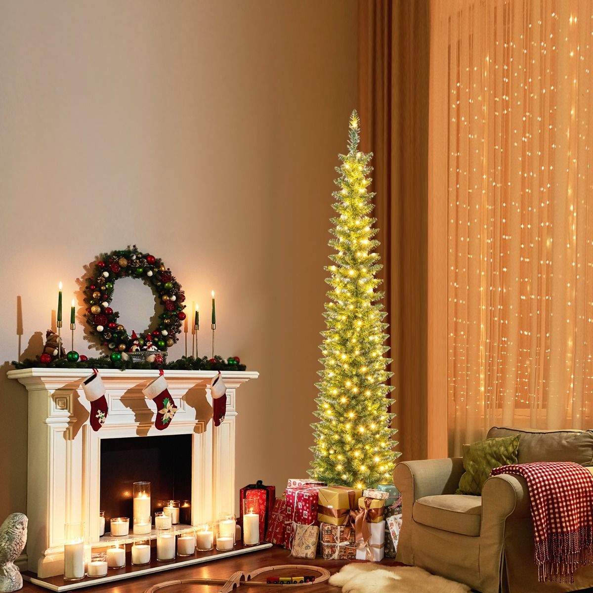 Sapin de Noël artificiel « Coast » avec 390 branches - 180 lumières LED blanc chaud - 180 cm de haut - Vert