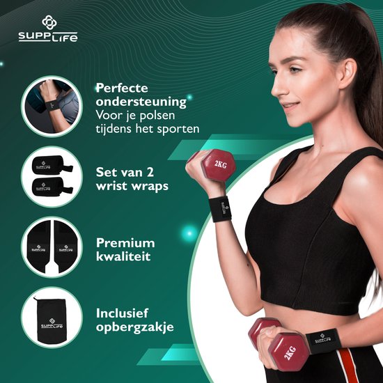 Supplife : bandes de poignet pour le fitness et le CrossFit - Lot de 2 - Bandes de poignet – Musculation – Attelle de poignet – Noir