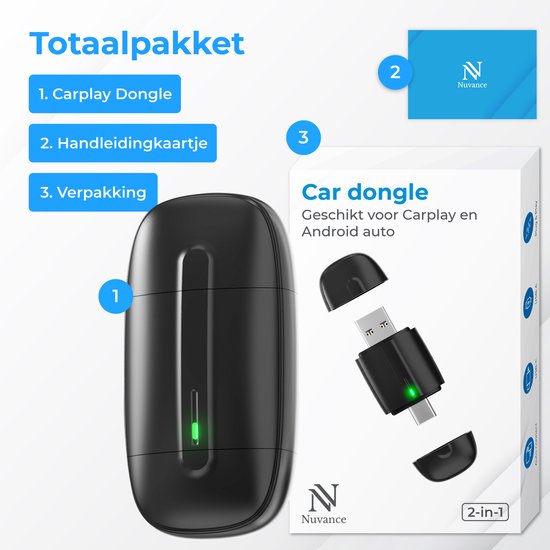 Dongle Nuvance CarPlay - Compatible avec Android Auto et CarPlay - 2 en 1 - Dongle Bluetooth - CarPlay sans fil - USB et USB-C