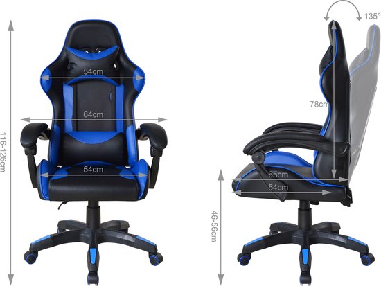 VDD Gaming - Fauteuil gaming - Fauteuil de jeu - Fauteuil gaming noir - Fauteuil gaming bleu - Fauteuil de bureau - Fauteuil de travail - Réglable - Ergonomique - Poids max. 120 kg