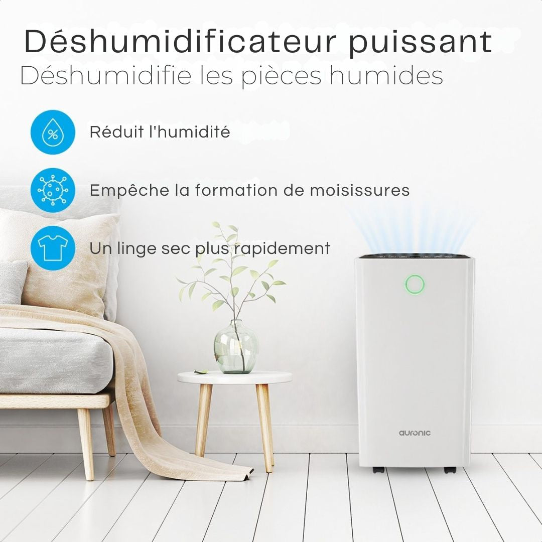 Déshumidificateur Auronic - 12 litres par jour - Fonction Lavage-Séchage - 185 W - 30,5 x 26,5 x 52 cm - Blanc