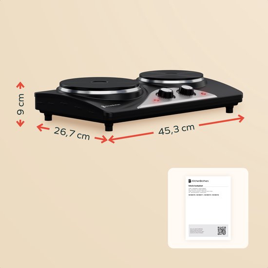 KitchenBrothers Table de cuisson électrique - 2 brûleurs - pose libre - 7 réglages de température - 1500W + 1000W - Noir
