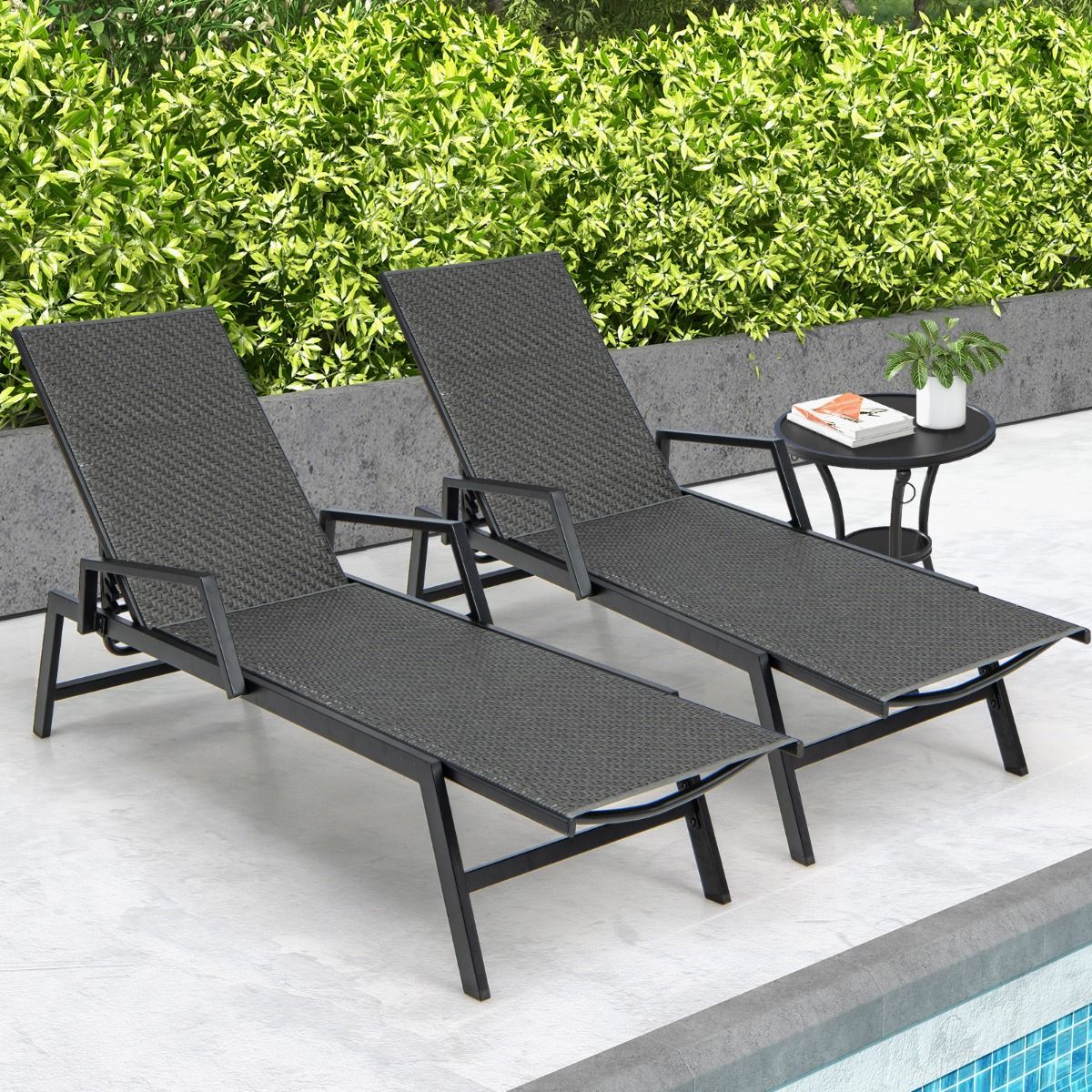 Chaise longue Coast Rotan - Dossier réglable sur 5 positions - Avec accoudoirs - Marron et noir