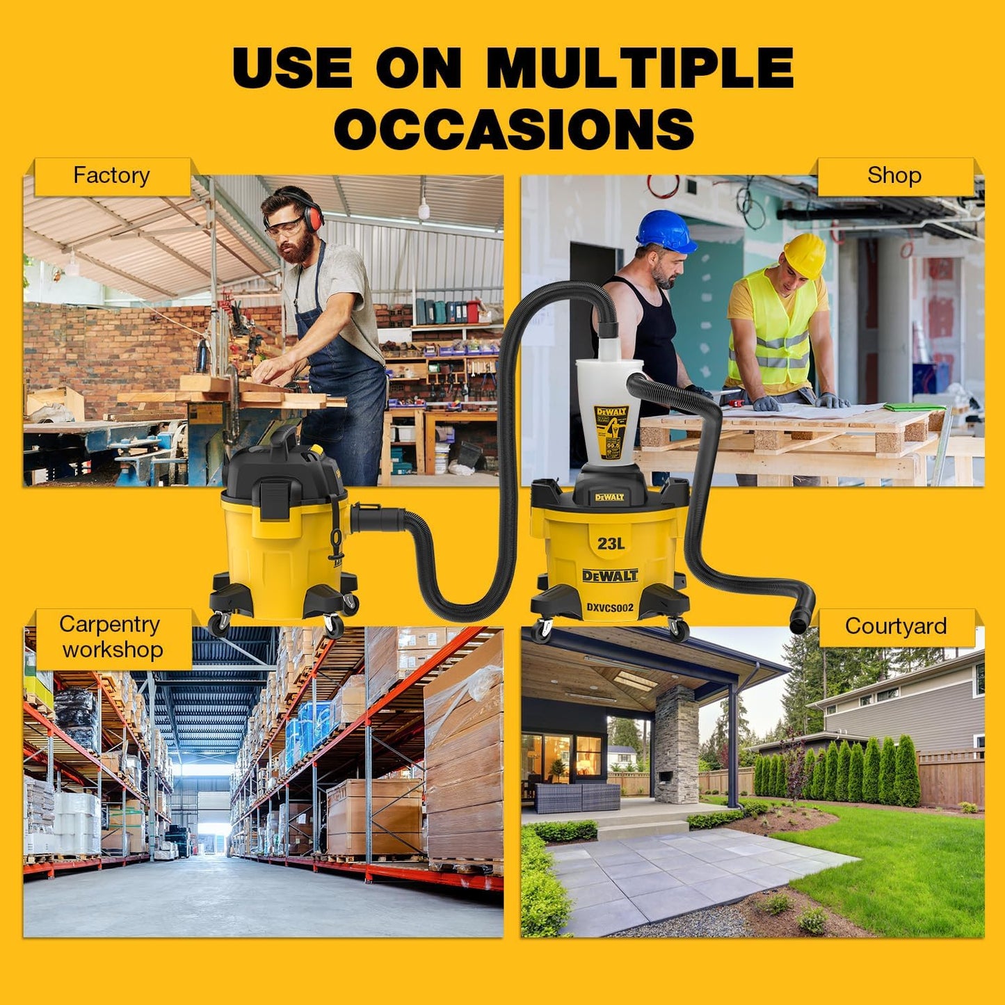 DeWALT DXVCS002 Pré-séparateur 23L - Polymère robuste, tuyau 48mm, longueur 2m, jaune