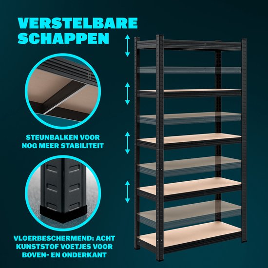 Rack de stockage en métal - 5 étagères en MDF incluses - 180x90x40 cm Noir
