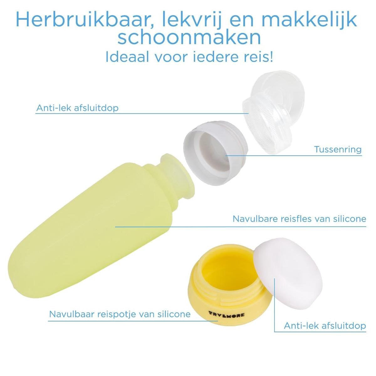 TRVLMORE Bouteilles de voyage avec étui - Rechargeables - Transparentes - 6 pièces