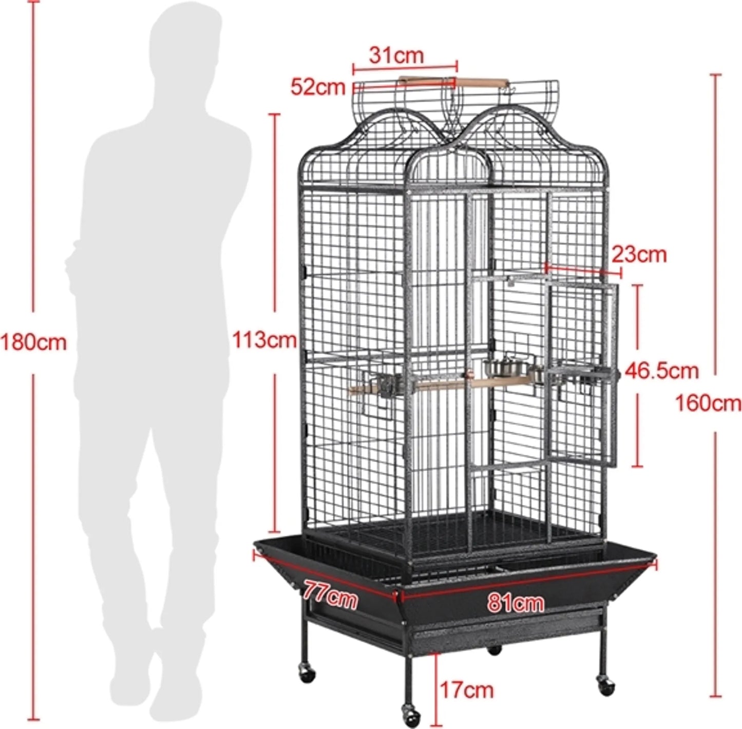 Yaheetech Cage à oiseaux Cage pour perroquets - 81 x 77 x 154-160 cm - équipée d'un toit victorien pliant et d'un collecteur de saletés et d'une base mobile - pour perroquets et grands oiseaux - métal martelé noir
