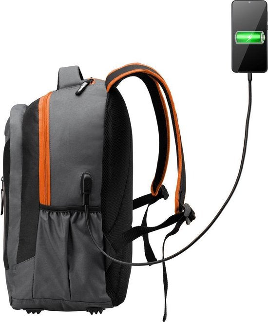 Sac à dos pour ordinateur portable - 34L avec port USB et compartiment pour ordinateur portable 15,6" - Gris / Orange