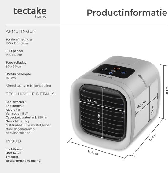 tectake® Air Cooler Frosty avec éclairage LED - 2 modes de refroidissement - 8W - Refroidisseur d'air 3-en-1 avec réservoir d'eau - Sans tuyau de vidange - Câble USB et entonnoir inclus - Mini climatiseur - Gris