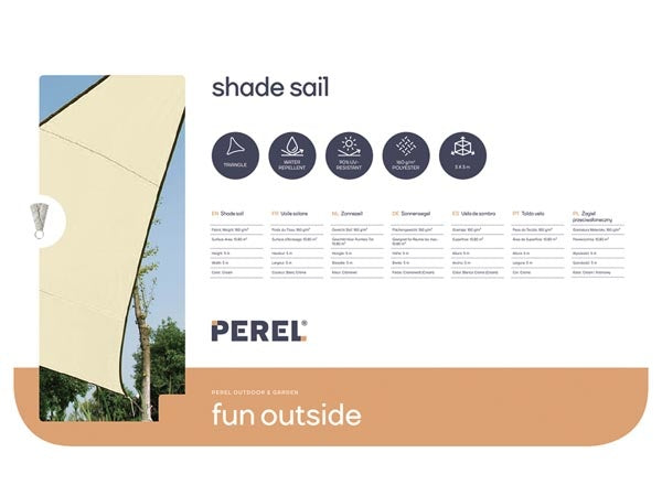 Perel Schaduwdoek, waterafstotend, 5 x 5 x 5 m, 160 g/m², polyester, driehoek, crème