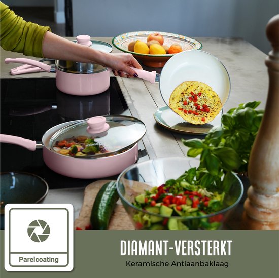COOCK Poêle Wok Induction 32cm - Revêtement spécial antiadhésif - Poêle à frire avec couvercle - Aluminium recyclé - Rose clair/blanc - Livre électronique inclus