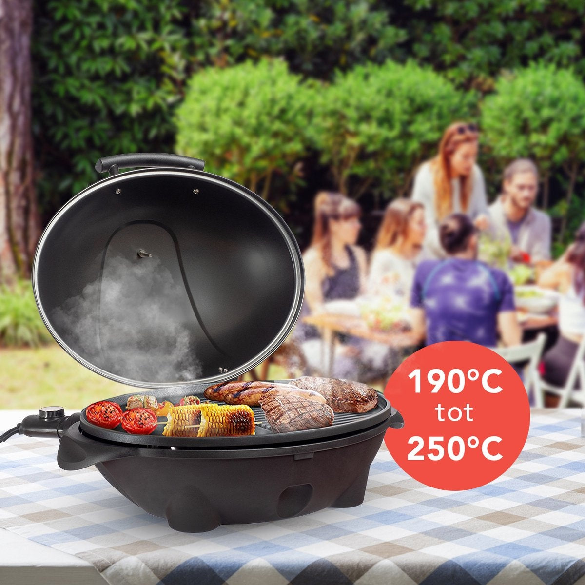 KitchenBrothers Barbecue électrique - avec plaque de cuisson - antiadhésif - étagère/porte-objets inclus - 2400W - Noir