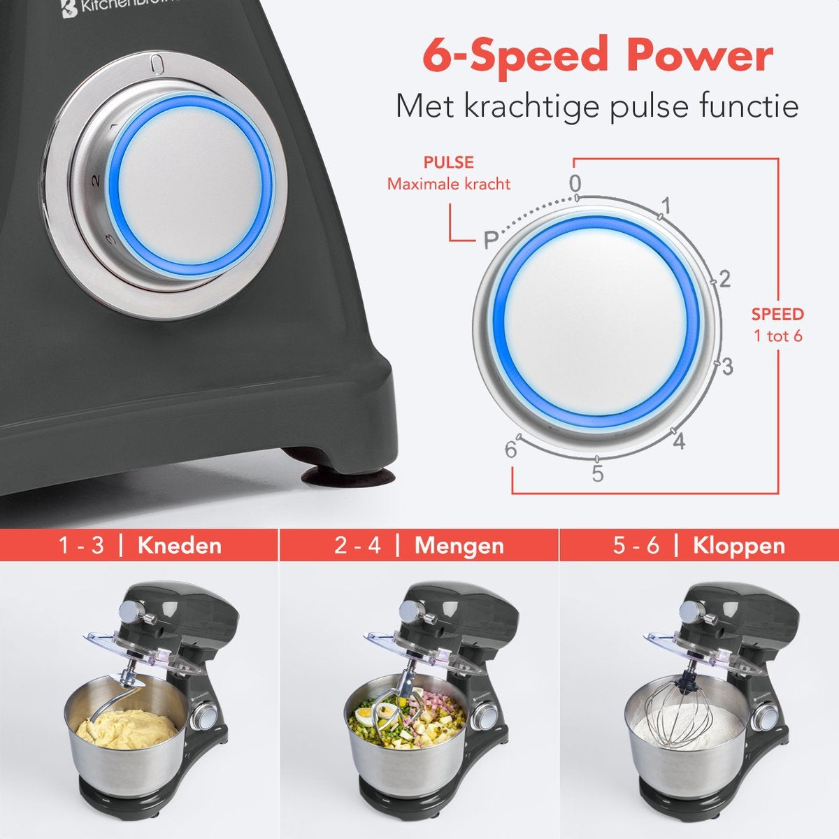 KitchenBrothers Robot de cuisine - Robot de cuisine - 6L Bol mélangeur - 1800W - Aluminium - Anthracite