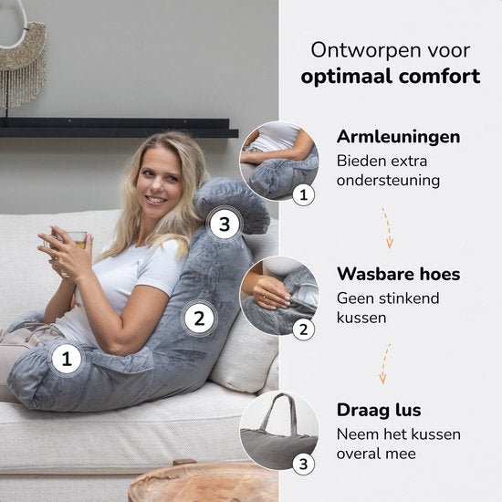 Coussin de lecture pour le lit - Bonne posture au lit - Avec 3 compartiments de rangement - Coussin dorsal pour le bas du dos - Siège de lecture pour le canapé - Gris - Soft & Silky