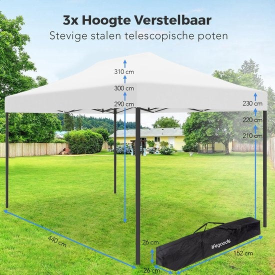 Tentes de fête - Pavillon - LifeGoods - 3x4.5 m - Facile à monter - Pliable - Imperméable - Sac de transport à roulettes - Blanc
