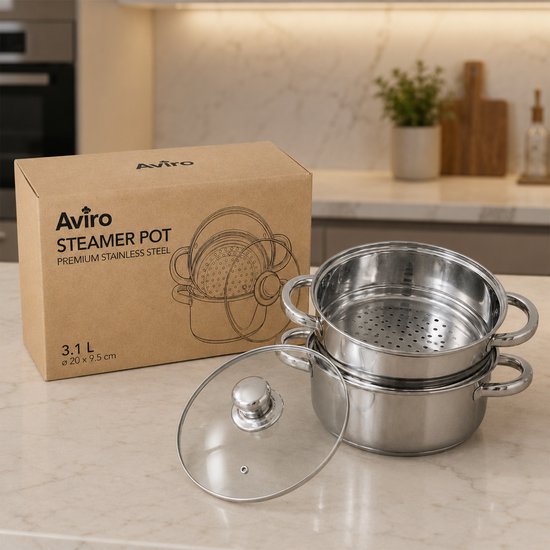 Casserole à vapeur Aviro - Couvercle en verre - 3,1 L - 20 cm - Induction et gaz - Cuiseur à vapeur 3 pièces pour riz et légumes - Acier inoxydable