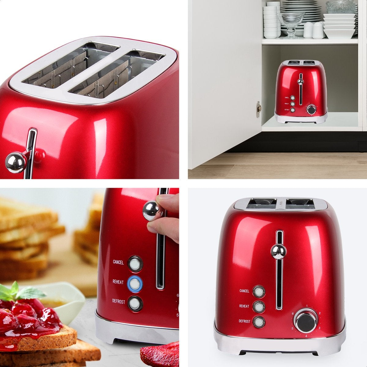 KitchenBrothers Grille-pain rétro - 6 niveaux de chaleur - 2 fentes extra-larges - 1630W - Fonction de réchauffage et de décongélation - Rouge