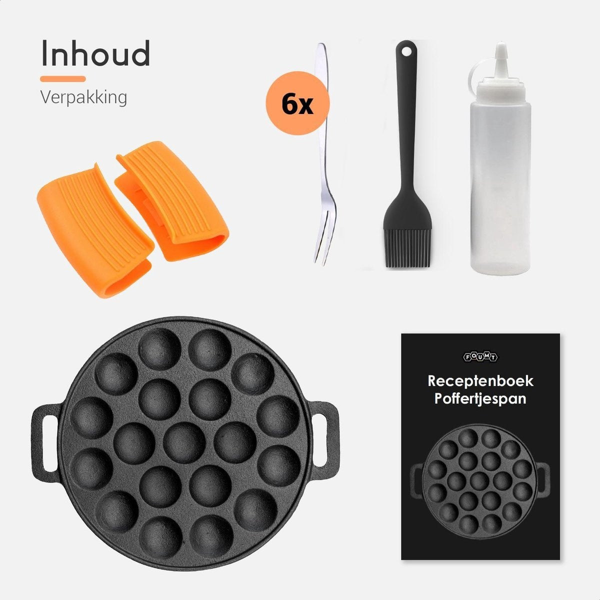 Set de Poffertjes - Ocina -19 Poffertjes - Compatible Induction - Inclus : Bouteille Doseuse, 6 Fourchettes et Gants Résistants à la Chaleur - Livre de Recettes Offert