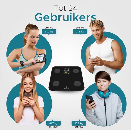 e.volve Scale Personal Scale Digital - 16 mesures - Smart Scale with Body Analysis - Precision Scales - Scales - Digital Scales - Incl. App.