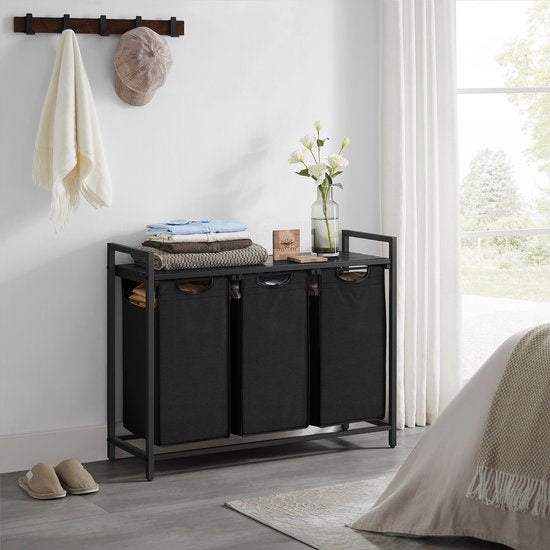 O'DADDY® Panier à linge 3 compartiments - trieur de linge - extensible avec étagère - 92.5 x 33 x 71 cm - panier à linge - 114L divisé en 3 poches - paniers à linge - panier à linge métal noir - gris foncé