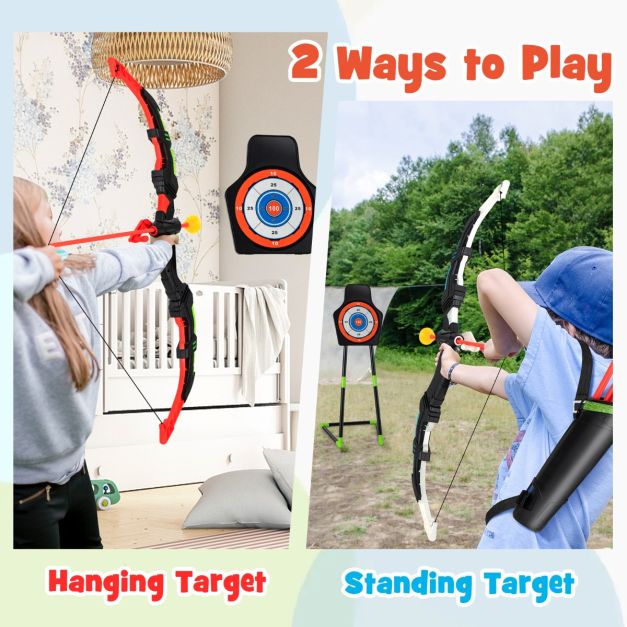 Jeu d'arc et de flèches pour enfants avec éclairage LED - 20 flèches, 2 pauldrons de carquois, cible debout et suspendue - jeu d'intérieur et d'extérieur - 110 x 30 cm