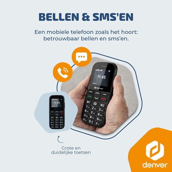 Téléphone portable Denver pour seniors 4G - Grandes touches - Bouton SOS - Grandir sans smartphone - Station de recharge - GSM - Bluetooth - Radio FM - Entièrement en néerlandais et en français - Modèle 2026 - BAS18800L