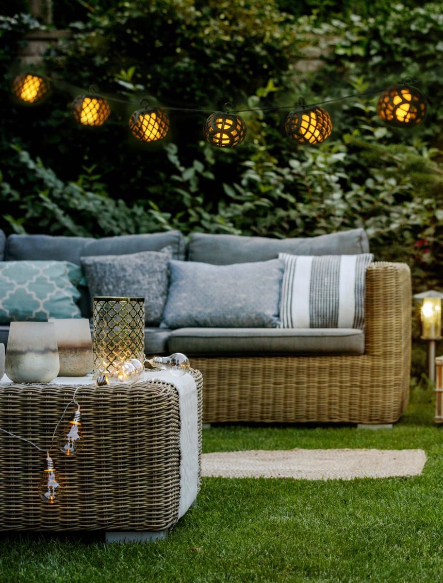 Guirlande lumineuse à énergie solaire - Grundig - Lumière de jardin 8 LED Lanternes - 12 Lumières - LED avec effet flamme - autonomie 8-6 heures - Noir