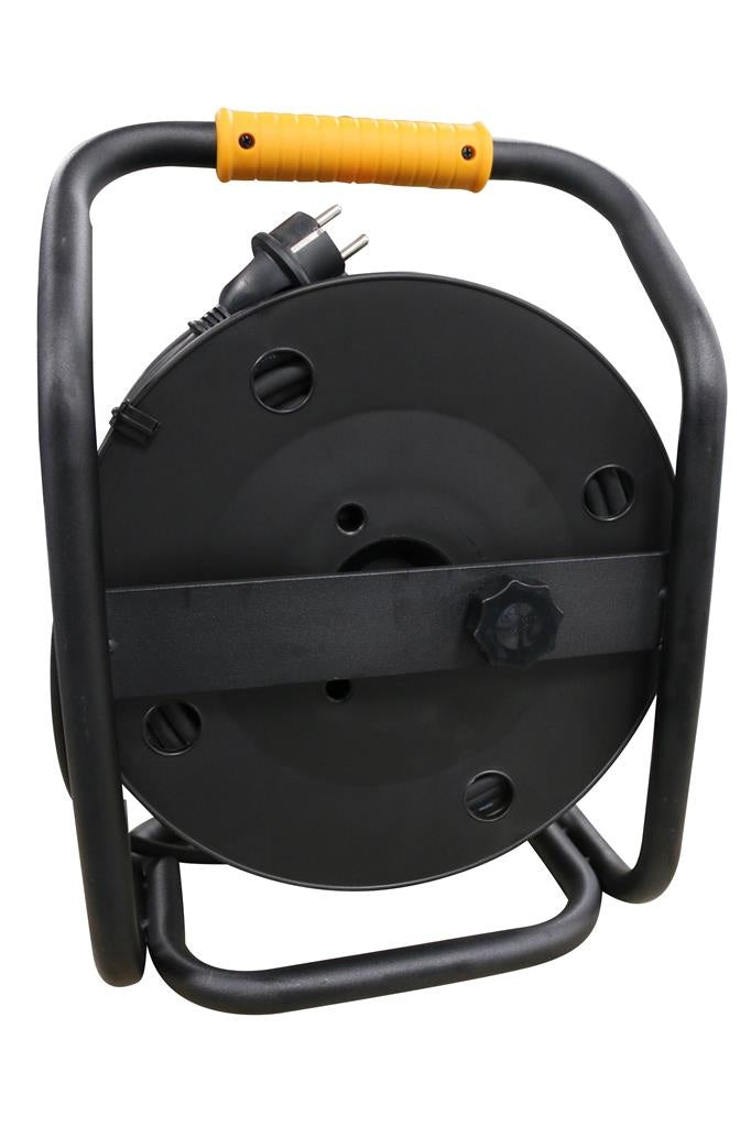 Enrouleur de câble Relectric 25 m - 4 prises – 3000 W - Avec bouton d'enroulement - Prise de terre - IP44 - Adapté à une utilisation en extérieur - noir/jaune