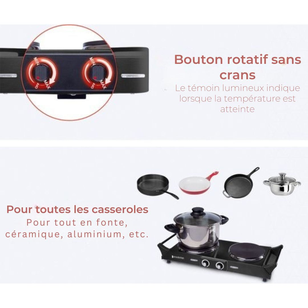 Plaque de cuisson KitchenBrothers - 2 foyers - 54,3 x 22,8 x 10 cm - 2500W - Noir