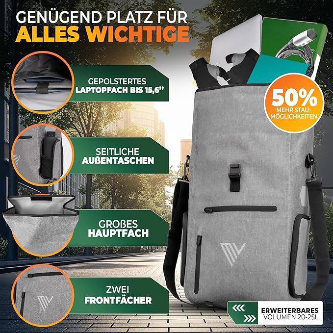MIVELO - 3-in-1 Pannier & Sac à dos - Capacité 25 l - TPU - Gris - Avec compartiment pour ordinateur portable et bandoulière - Pour porte-bagages