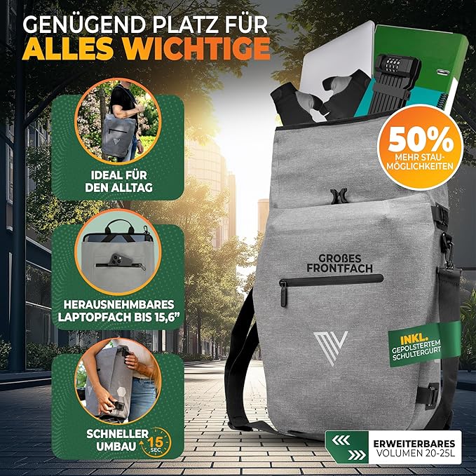 MIVELO Pannier - Sac à dos et sac à bandoulière 3-en-1 - Polyuréthane thermoplastique imperméable - 20 litres - Gris