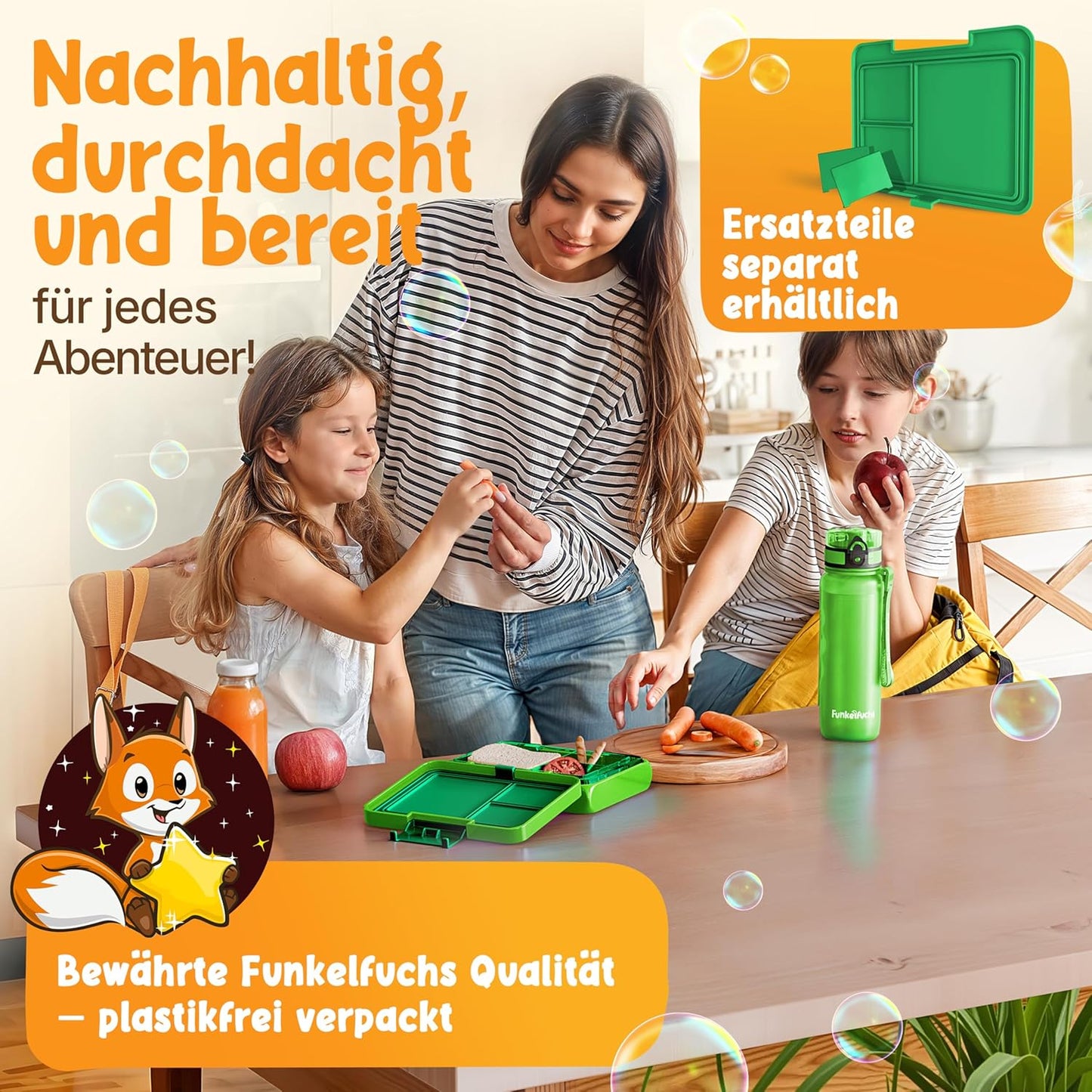 Funkelfuchs® - Lunchbox kids avec compartiments - 500ml, vert - Lunchbox star, small - Snack box, snack box, lunch box, meal box, bento box kids - pour l'école, le jardin d'enfants et la crèche