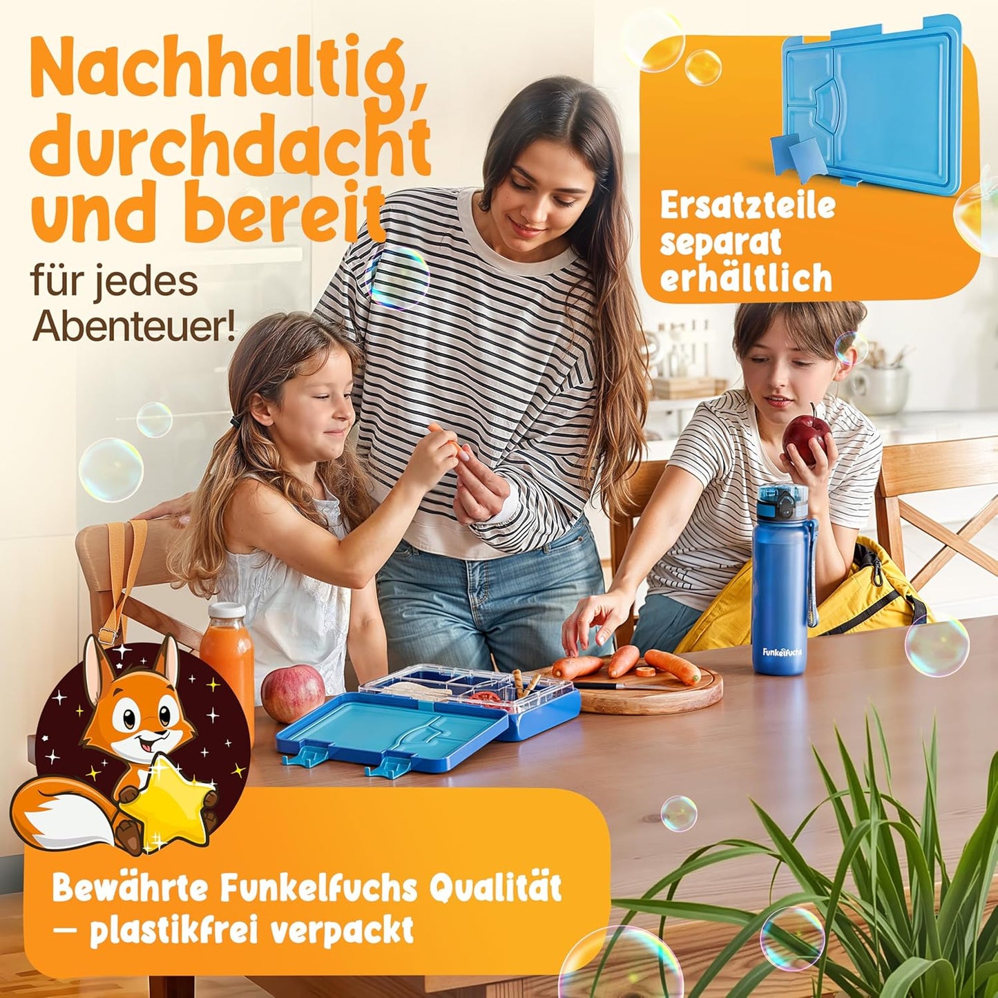 Funkelfuchs® - Lunchbox kids avec compartiment - 800ml, bleu - Lunchbox moonlight, large - Snack box, snack box, lunch box, meal box, bento box kids - pour l'école, la garderie et le jardin d'enfants